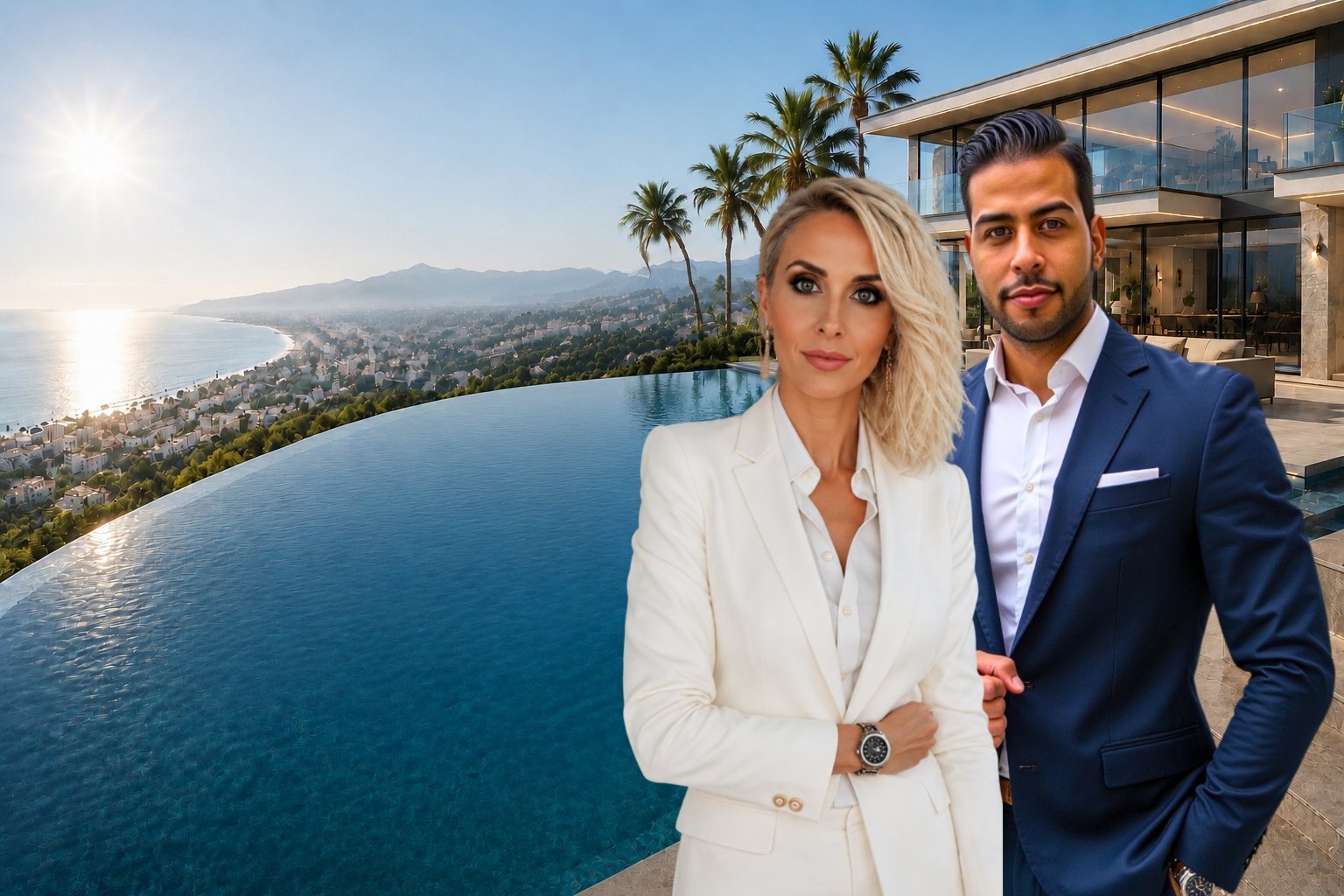 Juan Cruz y Montse Cuerda, fundadores de Jabm Miller, frente a una villa de lujo con piscina infinita